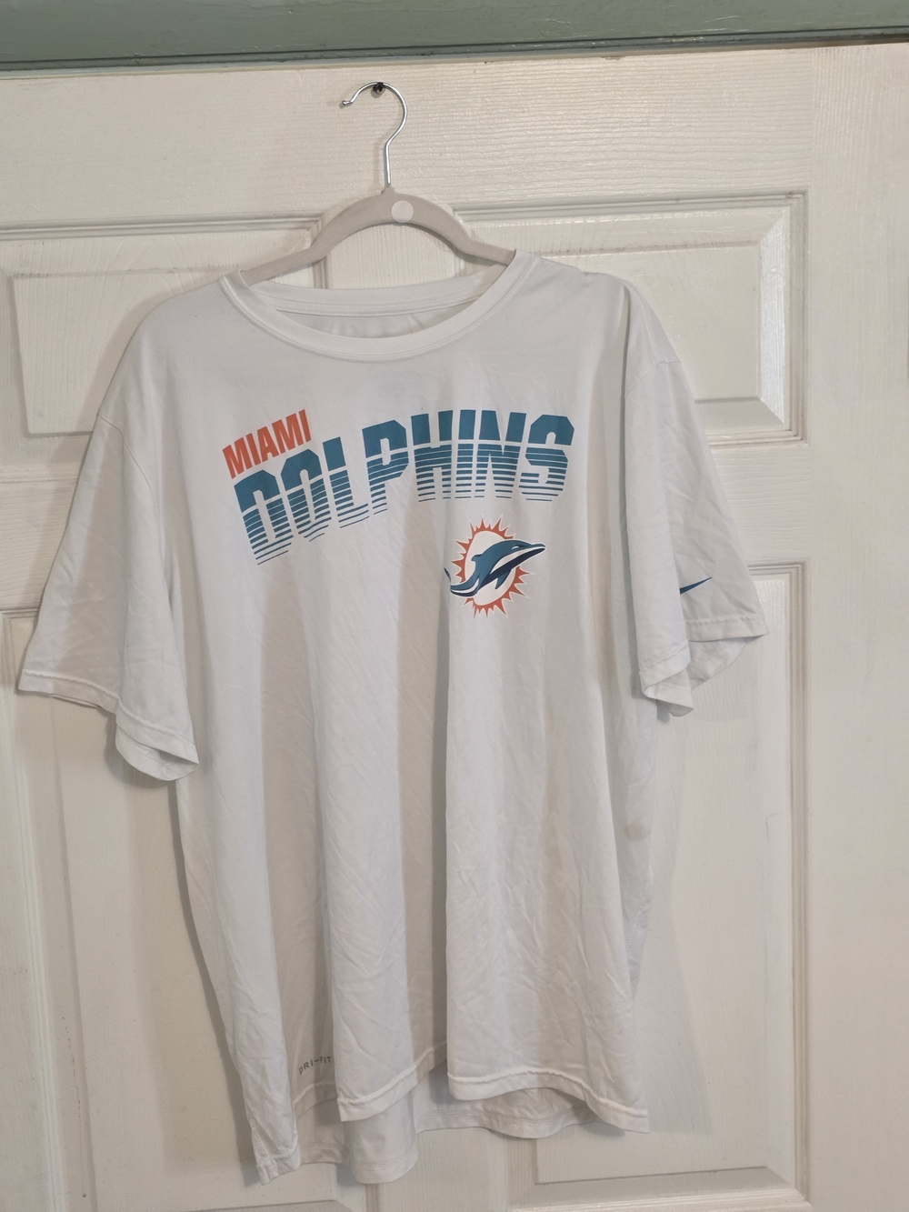NFL Miami Dolphins White Tee with Teal and Orange Logo Games As Stain Used#91